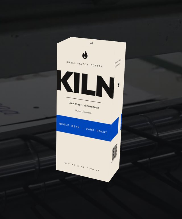 KILN coffee folding carton, a sample carton checked on the folding carton line