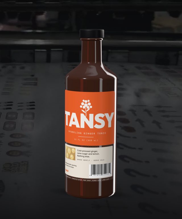 TANSY ginger tonic bottle, a sample label checked on the label line