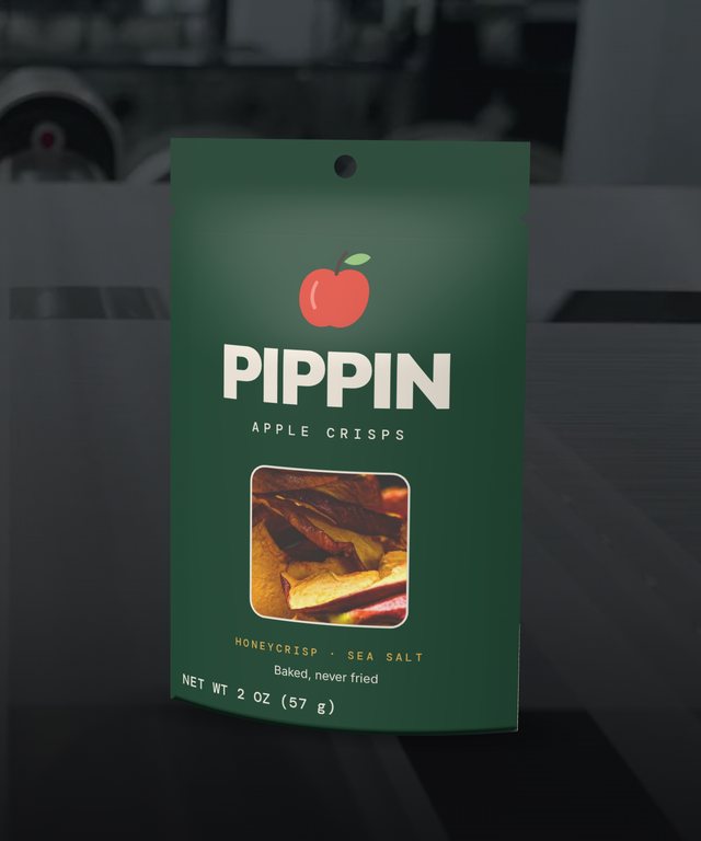 PIPPIN apple crisps stand-up pouch, a sample pouch checked on the flexible packaging line